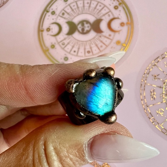 FLASH Labradorite HEART ❤️ Electroplated Ring Adjustable 6 7 8 - Picture 13 of 15